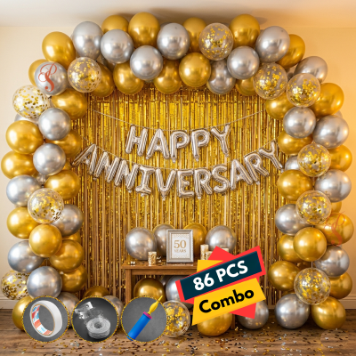 Happy Anniversary Decoration Items Combo - Metallic Balloons, Banner, Curtain & Pump Complete Decoration Kit 86 Pcs)