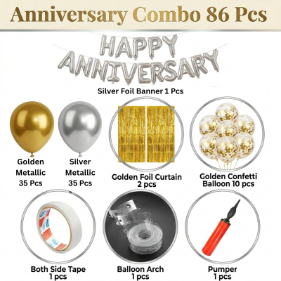 Happy Anniversary Decoration Items Combo - Metallic Balloons, Banner, Curtain & Pump Complete Decoration Kit 86 Pcs)