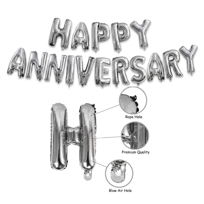 Happy Anniversary Decoration Items Combo - Metallic Balloons, Banner, Curtain & Pump Complete Decoration Kit 86 Pcs)