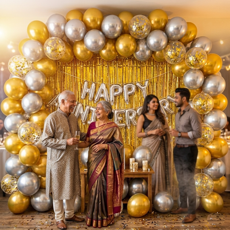 Happy Anniversary Decoration Items Combo - Metallic Balloons, Banner, Curtain & Pump Complete Decoration Kit 86 Pcs)
