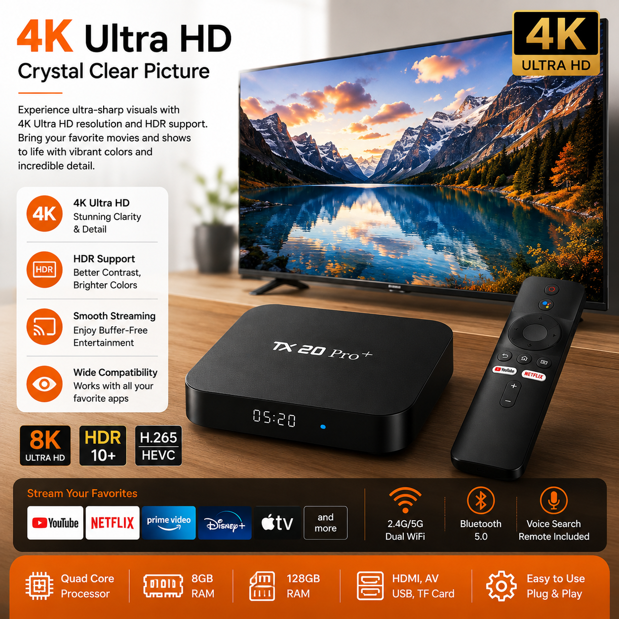 Picture of TX20 PRO+ New Model Android 15.0 Allwinner H313 2.4G/5G TV Box  Update Quad Core 24K Voice Control