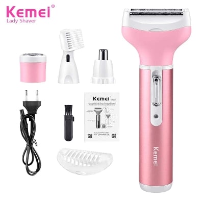 Picture of Kemei KM-6637 Multifunctional 4 in 1 Rechargeable woman body shaver Beard Eyebrow, Nose Trimmer set Female shaver - Pink