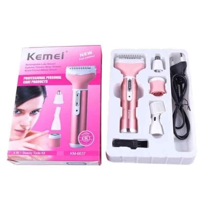 Picture of Kemei KM-6637 Multifunctional 4 in 1 Rechargeable woman body shaver Beard Eyebrow, Nose Trimmer set Female shaver - Pink