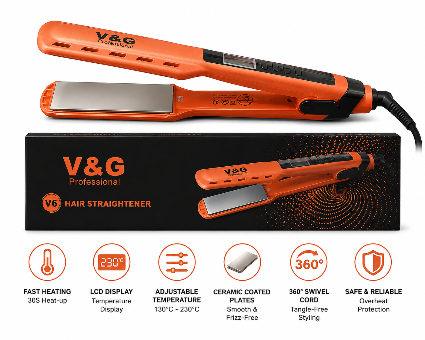 Picture of V&G V6 Professional Hair Straightener for Women - Orange