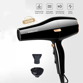 Picture of SOKANY SK-2225 - Air Blower Ionic Hair Dryer, 3000 W Power, 2 Speeds, 2 Temperature Settings, Diffuser and Styling Head - Black