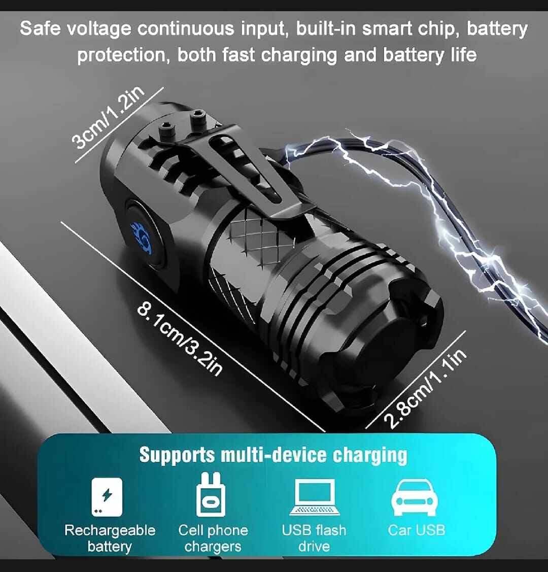 Picture of Type-C Rechargeable Mini Tactical 3-LED Flashlight-Black