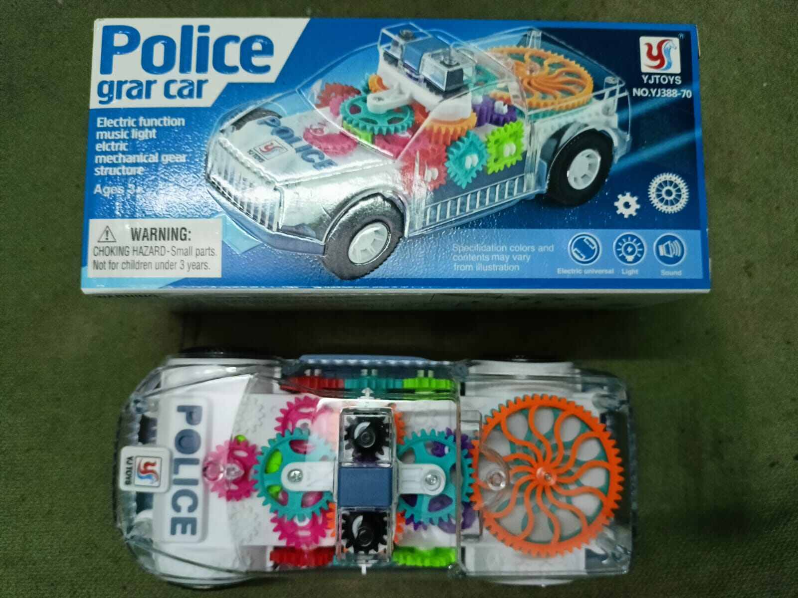 Picture of Battery-Operated Police Car Toy with Lights, Music & Transparent Gears-Multicolor
