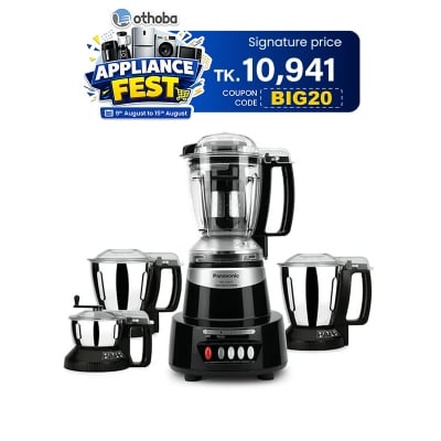 Picture of Panasonic 1500W Max (9-in-1) Heavy Duty Mixer Grinder, 4 Jars, 360 Degree Rotating Pusher , SS-304 Hardened Blade,  Double Safety Locking System (MX-AV425) Black 