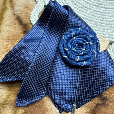 Picture of Handmade Rose Cloth Flower Corsage Pin With Pocket Square (Navy Blue)