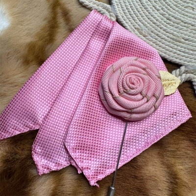 Picture of Handmade Rose Cloth Flower Corsage Pin With Pocket Square (Pink)
