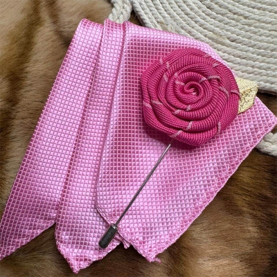 Picture of Handmade Rose Cloth Flower Corsage Pin With Pocket Square (Bright Pink)