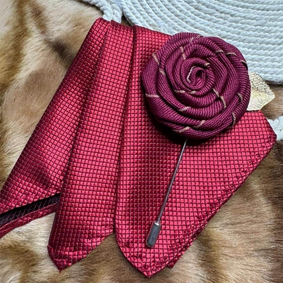 Picture of Handmade Rose Cloth Flower Corsage Pin With Pocket Square (Maroon)