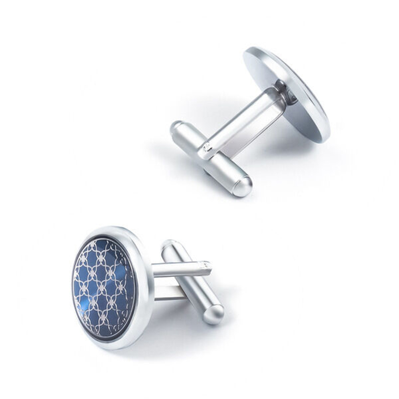 Picture of Luxury Round Metal Cufflinks & Tie Clip Set For Men French Cuff Shirt Accessories (1Set) (Silver Blue)