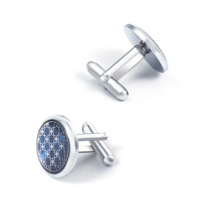 Picture of Luxury Round Metal Cufflinks & Tie Clip Set For Men French Cuff Shirt Accessories (1Set) (Silver Blue)