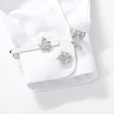 Picture of Luxury Maple Leaf Metal Cufflinks & Tie Clip Set For Men French Cuff Shirt Accessories (1Set) (Silver)