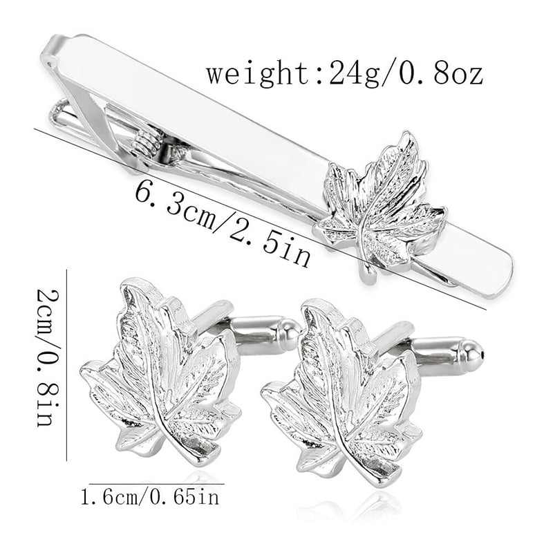 Picture of Luxury Maple Leaf Metal Cufflinks & Tie Clip Set For Men French Cuff Shirt Accessories (1Set) (Silver)