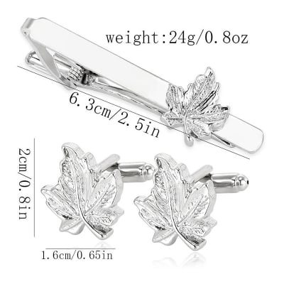 Picture of Luxury Maple Leaf Metal Cufflinks & Tie Clip Set For Men French Cuff Shirt Accessories (1Set) (Silver)