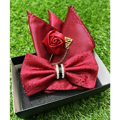 Picture of Crystal Thin Floral Bow Tie Set With Flower Lapel Pin & Pocket Square For Men (Maroon,Int: One size)