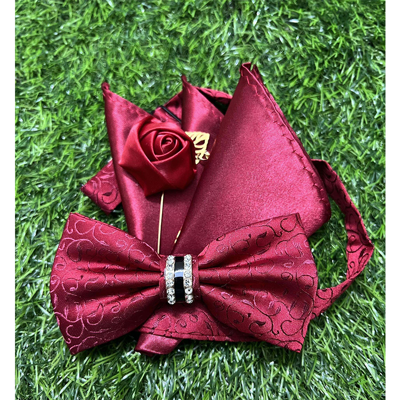 Picture of Crystal Thin Floral Bow Tie Set With Flower Lapel Pin & Pocket Square For Men (Maroon,Int: One size)