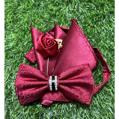 Picture of Crystal Thin Floral Bow Tie Set With Flower Lapel Pin & Pocket Square For Men (Maroon,Int: One size)