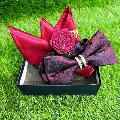 Picture of Crystal Wedding Bow Tie With Lapel Pin & Pocket Squre (Dark Maroon,Int: One size)