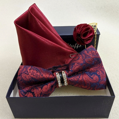 Picture of Crystal Wedding Bow Tie With Lapel Pin & Pocket Squre (Maroon,Int: One size)