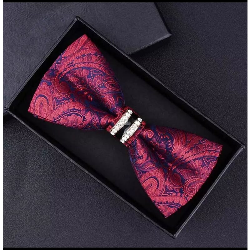 Picture of Crystal Wedding Bow Tie With Lapel Pin & Pocket Squre (Maroon,Int: One size)