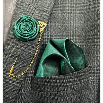 Picture of Flower Lapel Chain Pin With Pocket Square For Men (1 Flower+1 Pocket Square) (Dark Green,Int: One size)