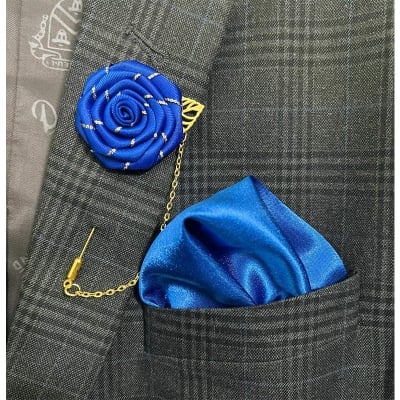 Picture of Flower Lapel Chain Pin With Pocket Square For Men (1 Flower+1 Pocket Square) (Blue,Int: One size)