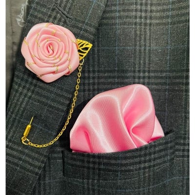 Picture of Flower Lapel Chain Pin With Pocket Square For Men (1 Flower+1 Pocket Square) (Pink,Int: One size)