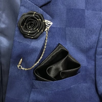 Picture of Flower Lapel Chain Pin With Pocket Square For Men (1 Flower+1 Pocket Square) (Black,Int: One size)