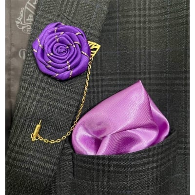 Picture of Flower Lapel Chain Pin With Pocket Square For Men (1 Flower+1 Pocket Square) (Purple,Int: One size)