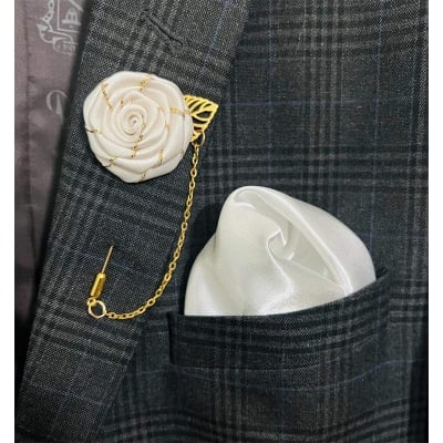 Picture of Flower Lapel Chain Pin With Pocket Square For Men (1 Flower+1 Pocket Square) (White,Int: One size)