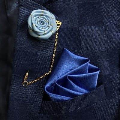 Picture of Flower Lapel Chain Pin With Pocket Square For Men (1 Flower+1 Pocket Square) (Lake Blue,Int: One size)