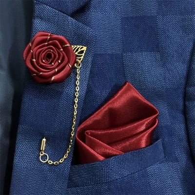 Picture of Flower Lapel Chain Pin With Pocket Square For Men (1 Flower+1 Pocket Square) (Maroon,Int: One size)