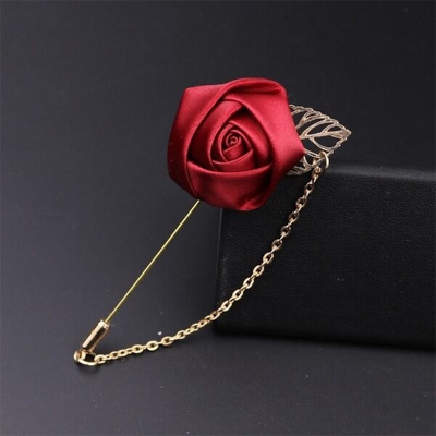 Picture of Ribbon Rose Flower Chain Lapel Pin For Men & Women's Fashion Accessories (1PS) (Maroon)