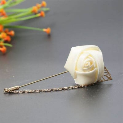 Picture of Ribbon Rose Flower Chain Lapel Pin For Men & Women's Fashion Accessories (1PS) (Off White)