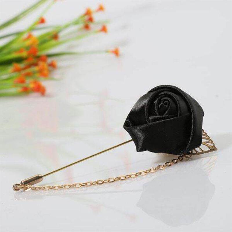Picture of Ribbon Rose Flower Chain Lapel Pin For Men & Women's Fashion Accessories (1PS) (Black)