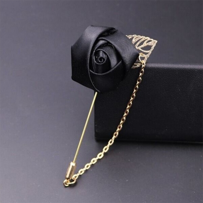 Picture of Ribbon Flower Lapel Chain pin with Matching Pocket Square (Black)