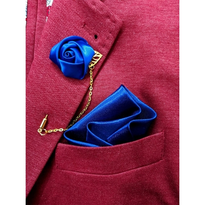 Picture of Ribbon Flower Lapel Chain pin with Matching Pocket Square (Deep Blue)