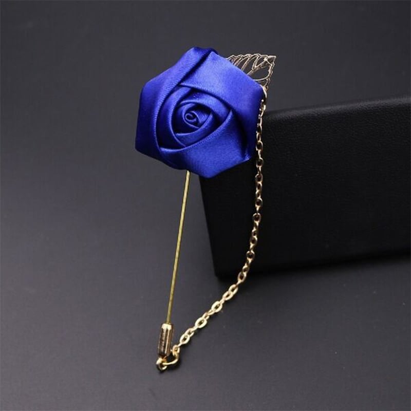 Picture of Ribbon Flower Lapel Chain pin with Matching Pocket Square (Deep Blue)