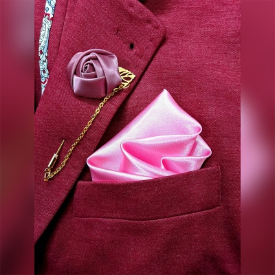 Picture of Ribbon Flower Lapel Chain pin with Matching Pocket Square (Pink)