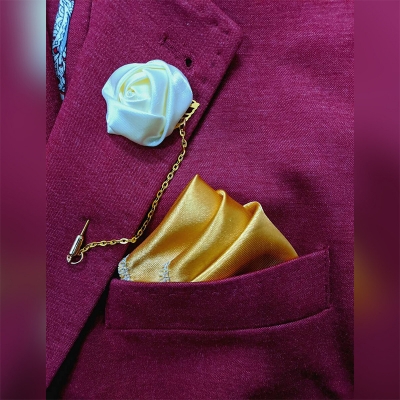 Picture of Ribbon Flower Lapel Chain pin with Matching Pocket Square (Off White)