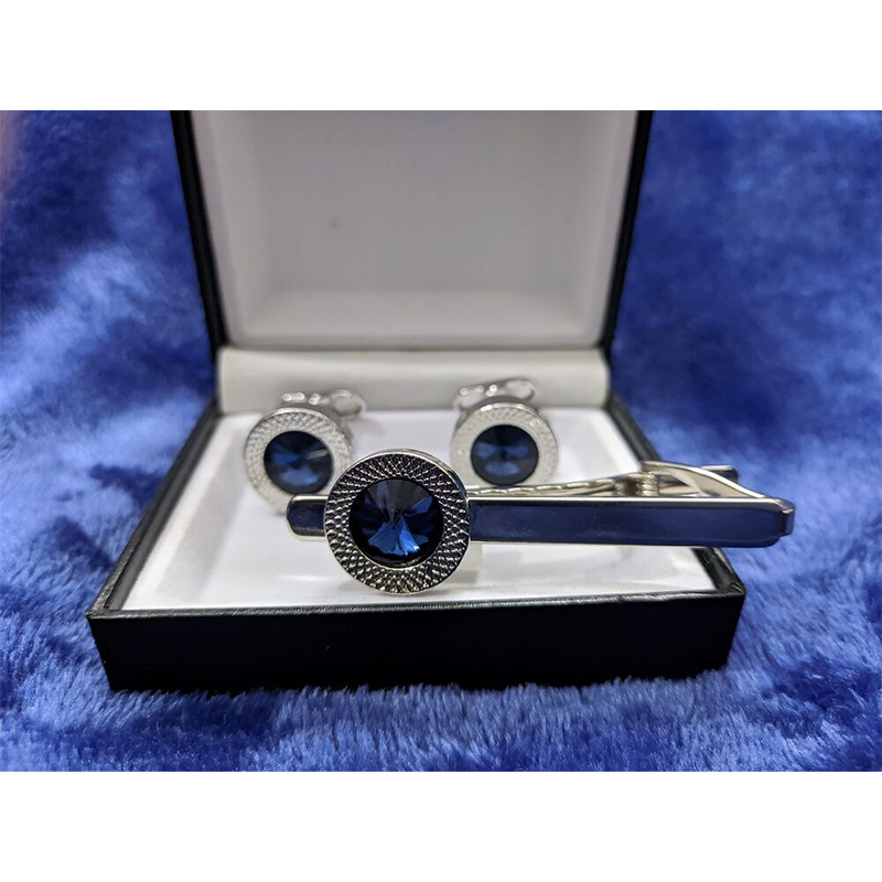 Picture of Cufflinks & Tie Clip Set For Men Fashion Shirt Accessories (Blue Stone Silver)