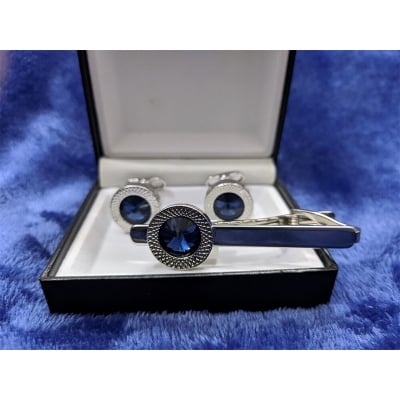Picture of Cufflinks & Tie Clip Set For Men Fashion Shirt Accessories (Blue Stone Silver)