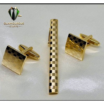Picture of Cufflinks & Tie Clip Set For Men Fashion Shirt Accessories (Square Golden Set)