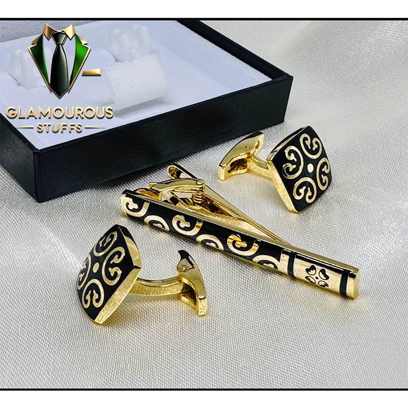 Picture of Cufflinks & Tie Clip Set For Men Fashion Shirt Accessories (Blossom Golden Set)