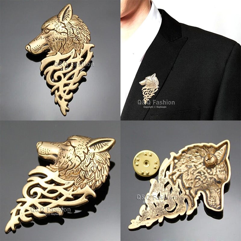 Picture of Vintage Wolf Head Brooches For Men Fashion Suit Collar Pin (1PS) (Gold)