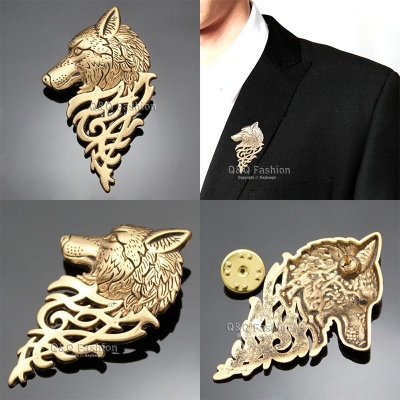 Picture of Vintage Wolf Head Brooches For Men Fashion Suit Collar Pin (1PS) (Gold)