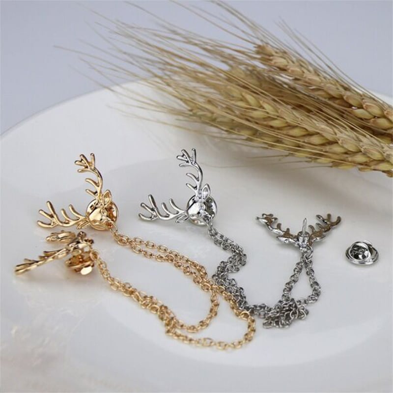 Picture of 1p Deer Skull brooch pin buckle for men women outfit fashion accessories (Silver Double Deer Skull With Chain)